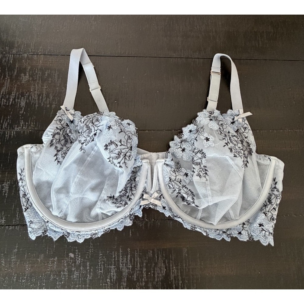 Cacique Blue Mesh Embroidered Bra Size 44DDD Unlined Floral Sexy Lingerie Plus